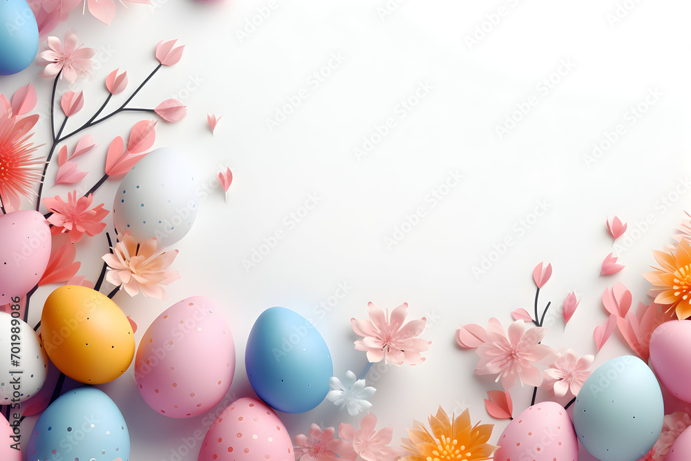 Colorful easter background with eggs and flowers, greeting card
