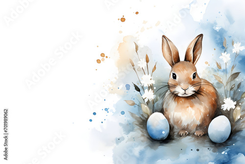 Easter bunny with easter eggs, blue and brown colors, watercolor card