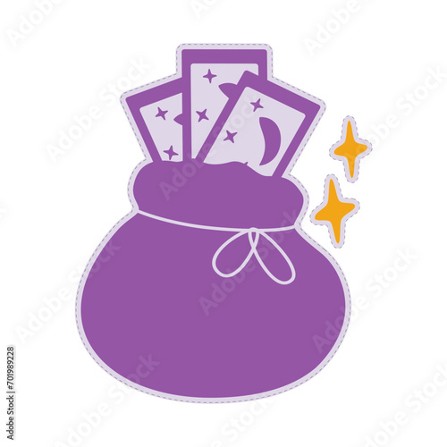 Pouch with Tarot cards and decorative stars. Cute character with fortune telling cards. Sticker
