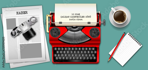 Journalism concept. Turkish Language " 10 Ocak Çalışan gazeteciler günü" vector image. 