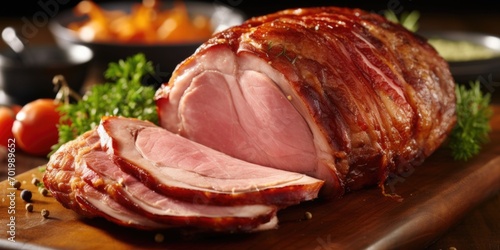 A tantalizing shot of a spiral ham, meticulously seasoned and slowcooked to produce an irresistibly moist and flavorful centerpiece that will steal the show at any Christmas feast. photo