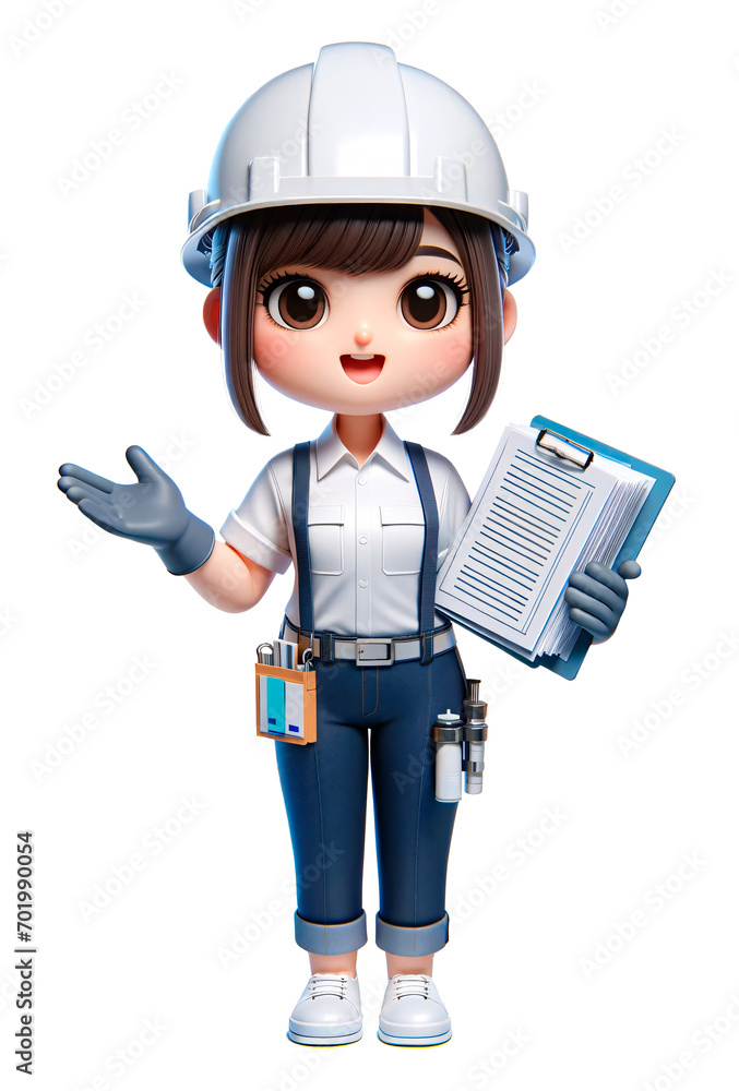 Personaje 3d femenino con elementos de seguridad explicando un tema Personaje 3d femenino con elementos de seguridad explicando un tema