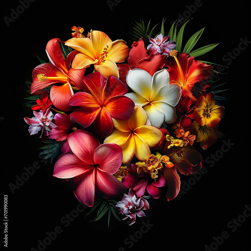Tropical flowers arranged in the shape of a heart