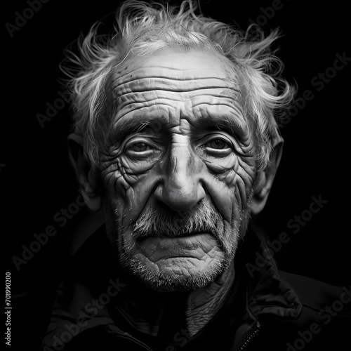 A dramatic black and white portrait of an elderly person.
