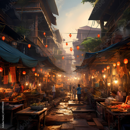 A bustling Asian street market with colorful lanterns.