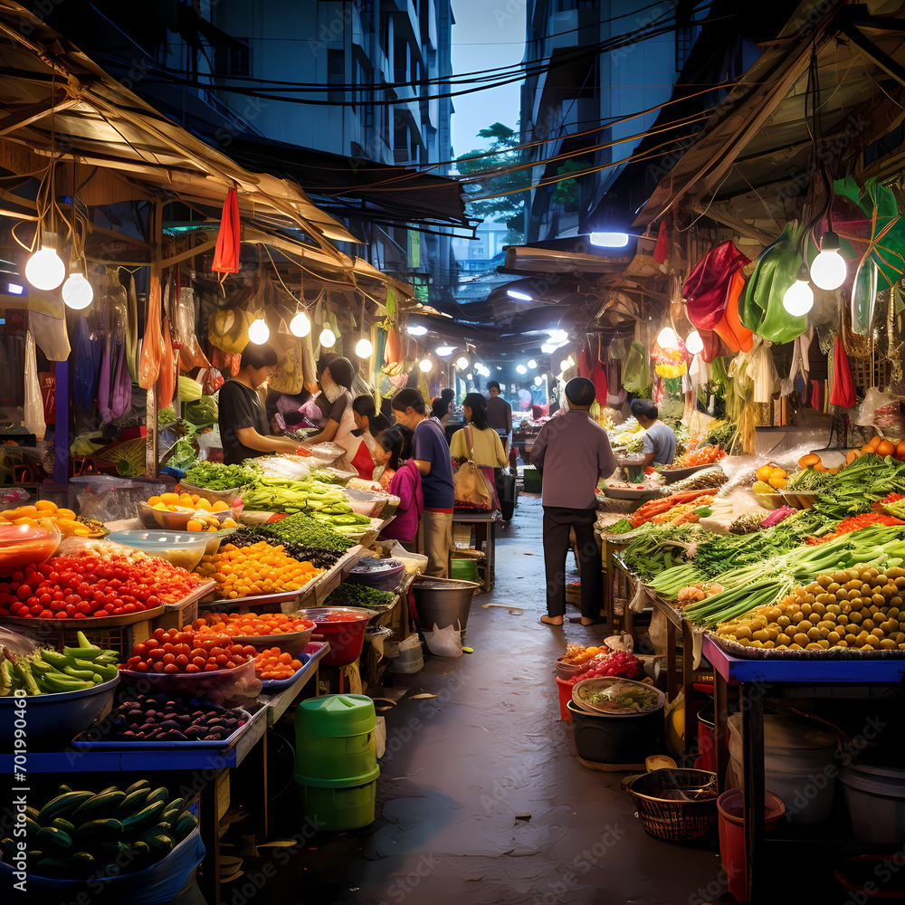 A bustling food market with colorful displays.