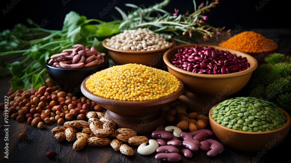 Assorted different types of beans and cereals grains. Set of indispensable sources of protein for a healthy lifestyle. Quality food. Healthy eating concept. 