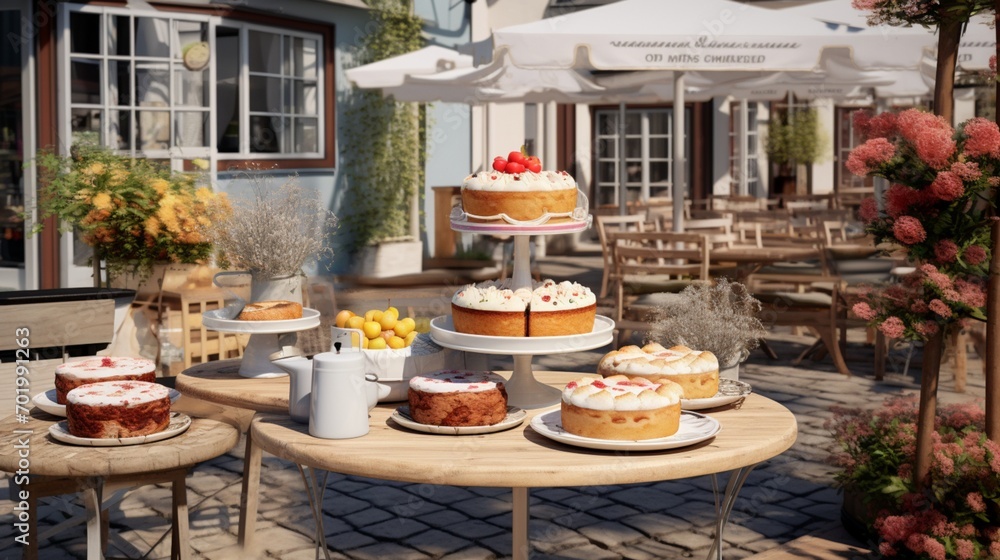 A virtual outdoor cafe scene with 3D-rendered Apfelkuchen zum Erntedankfest displayed on a pastry stand