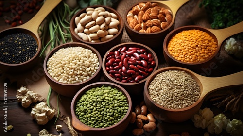 Assorted different types of beans and cereals grains. Set of indispensable sources of protein for a healthy lifestyle. Quality food. Healthy eating concept. 