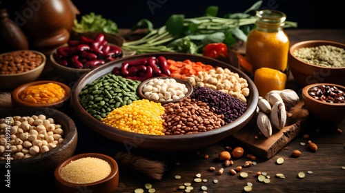 Assorted different types of beans and cereals grains. Set of indispensable sources of protein for a healthy lifestyle. Quality food. Healthy eating concept.  