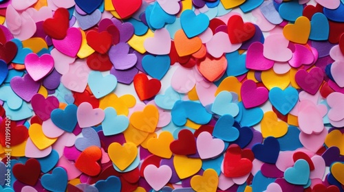 A colorful mix of heartshaped confetti, representing a medley of emotions and experiences in love.