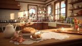A warm and inviting 3D-rendered kitchen with a freshly baked Apfelkuchen zum Erntedankfest on the counter.