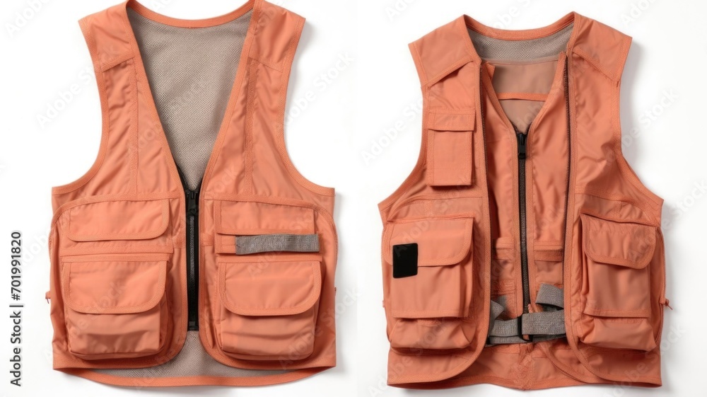 Minimalistic view of a Peach Fuzz utility vest, featuring numerous pockets for storing essentials and completing your safari look. - obrazy, fototapety, plakaty 