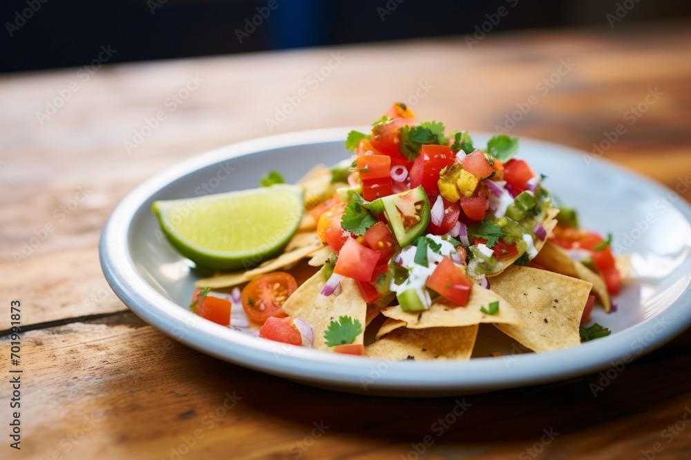 A delicious fresh serving of nachos with pico de gallo. A delicious fresh serving of nachos with pico de gallo.