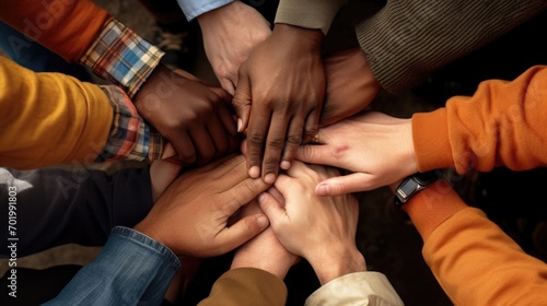 A closeup of a group of hands, all stacked on top of each other in a show of unity and love.