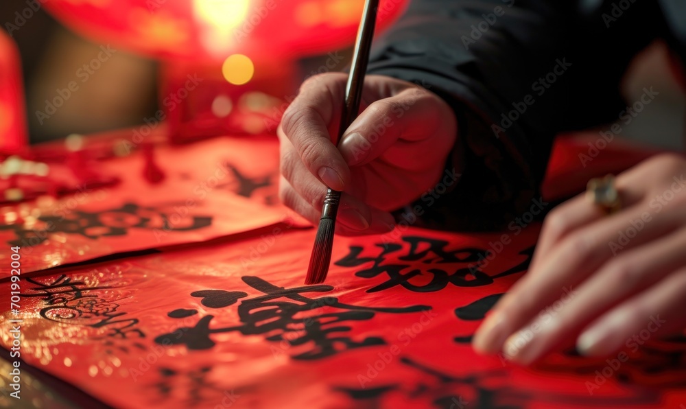 Calligraphy artist hands writing on red paper for Chinese New Year — Generative AI - obrazy, fototapety, plakaty 