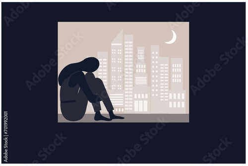 Insomnia woman sitting on bed at night vector illustration. Sleepless woman suffering from insomnia and depression concept