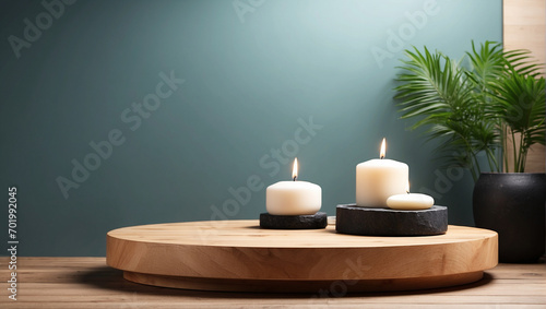 wooden podium  for product presentation on spa room background