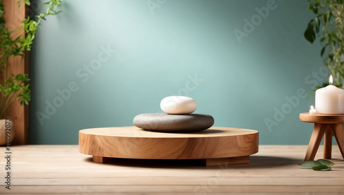 wooden podium  for product presentation on spa room background