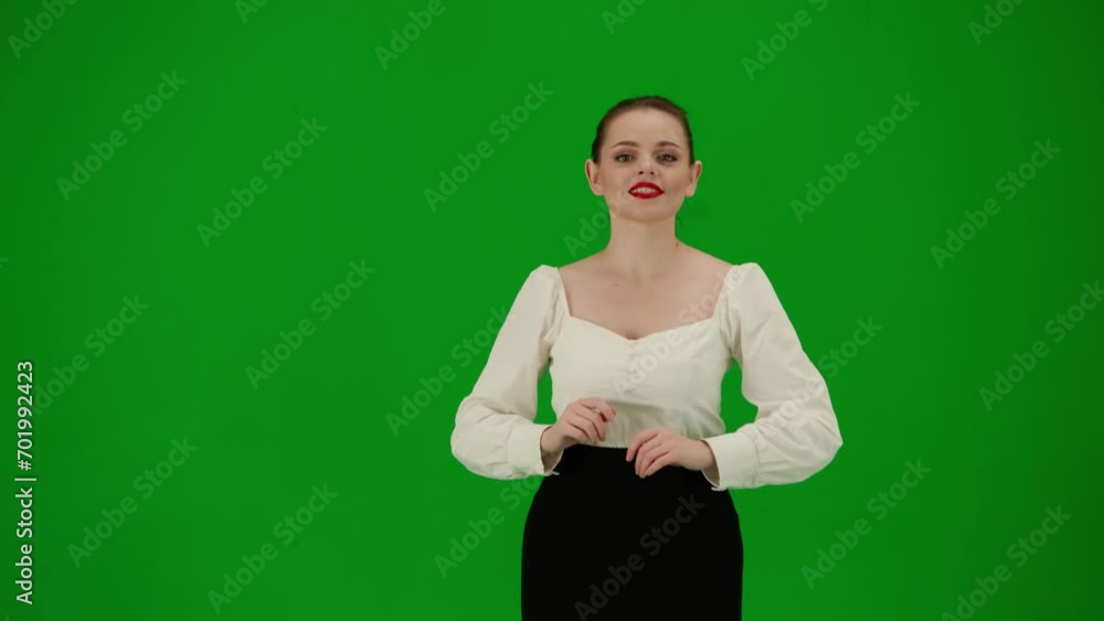 Portrait of attractive office girl on chroma key green screen. Woman in skirt and blouse talking at the camera, confident positive face expression Portrait of attractive office girl on chroma key green screen. Woman in skirt and blouse talking at the camera, confident positive face expression