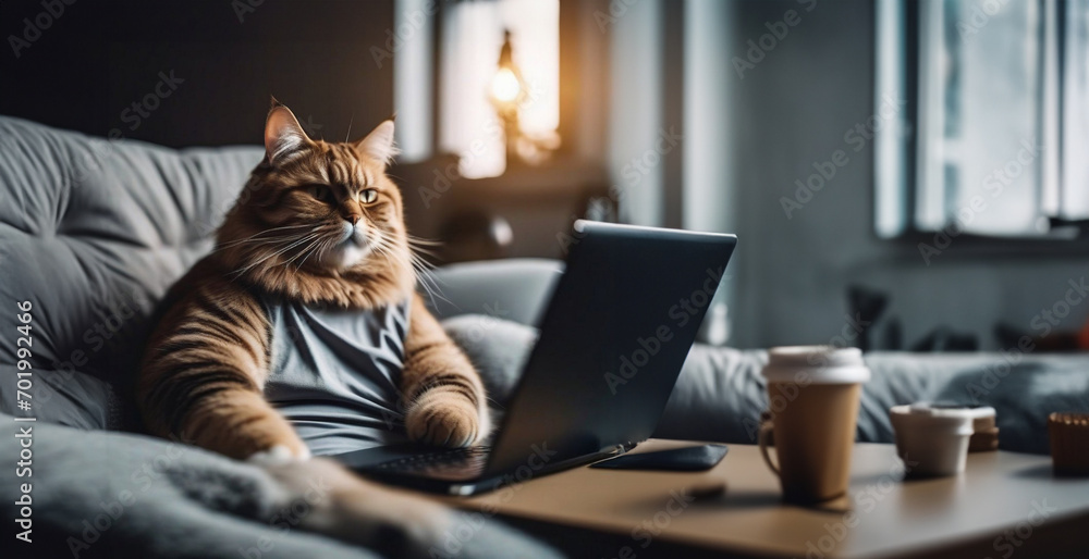 cat programmer freelancer works online on a laptop at home on the couch. - obrazy, fototapety, plakaty 