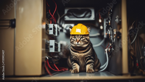 cat electrician in an electrician's suit repairs wiring in a transformer box
