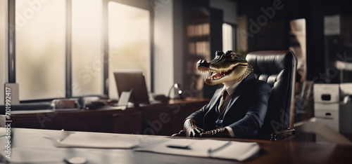 reptilian werewolf concept, crocodile sitting at the table in the office, boss and office worker