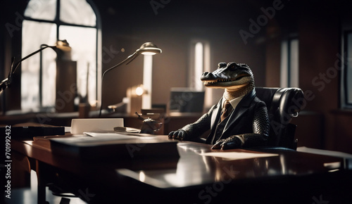 reptilian werewolf concept  crocodile sitting at the table in the office  boss and office worker