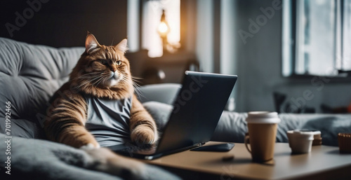 cat programmer freelancer works online on a laptop at home on the couch. photo