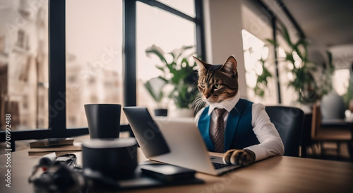 cat businessman works in business clothes in the office on a laptop on a chair. photo