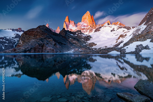 Laguna de los Tres during sunrise, Fitz Roy in beautiful red, perfect reflection in the water, near El Chalten, Patagonia, Argentina  photo