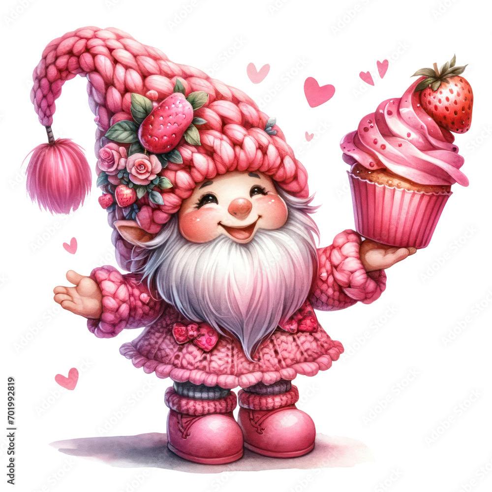 Obraz premium Cute Gnome Cupcake Strawberry Valentine's Day Clipart Illustration