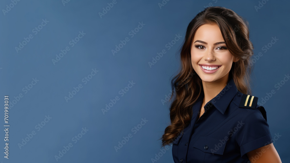 Brunette woman in navy uniform smiling isolated on pastel background Brunette woman in navy uniform smiling isolated on pastel background