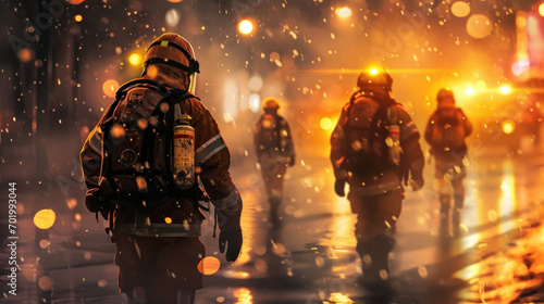 A group of emergency workers, protected from head to toe, rush towards a disaster area to help those in need.
