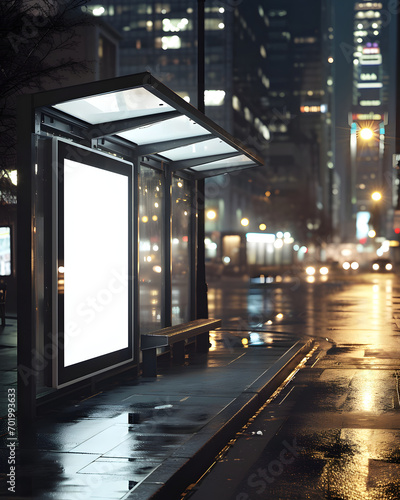 Blank white billboard In the night city at the bus stop. front view. copy space, mockup, advertising.