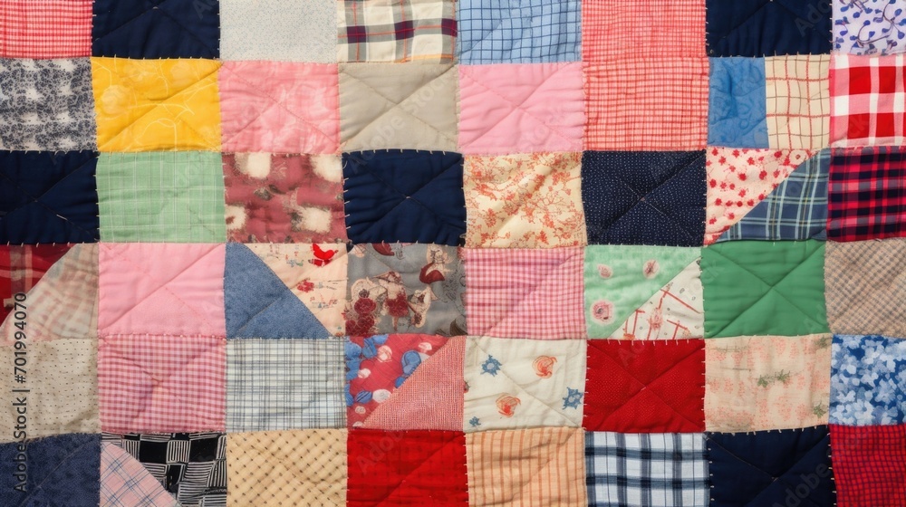 A patchwork quilt, complete with mismatched fabric ss and crooked stitching, but b with charm and personality. A patchwork quilt, complete with mismatched fabric ss and crooked stitching, but b with charm and personality.