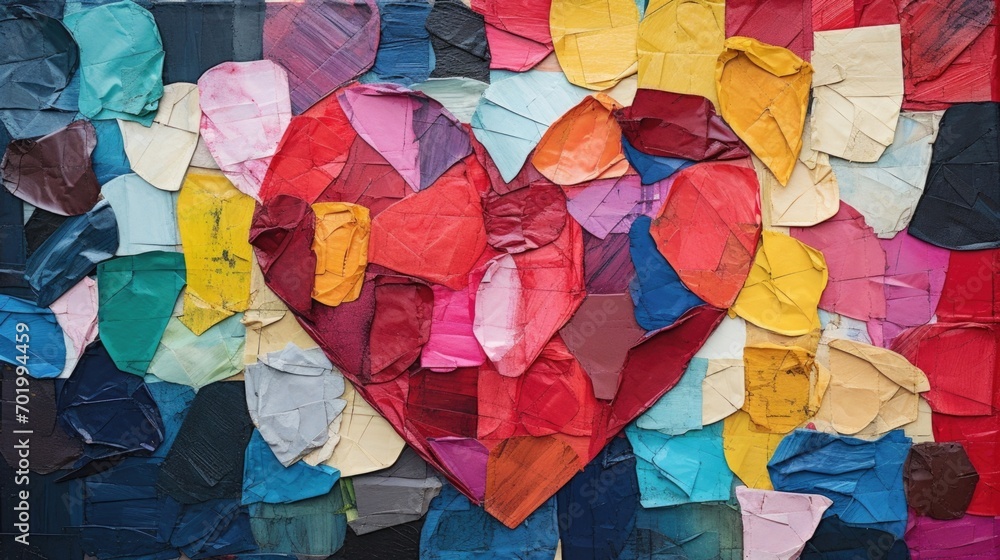 A closeup of a heart collage made entirely from pieces of torn tissue paper, creating a vibrant and textured design.