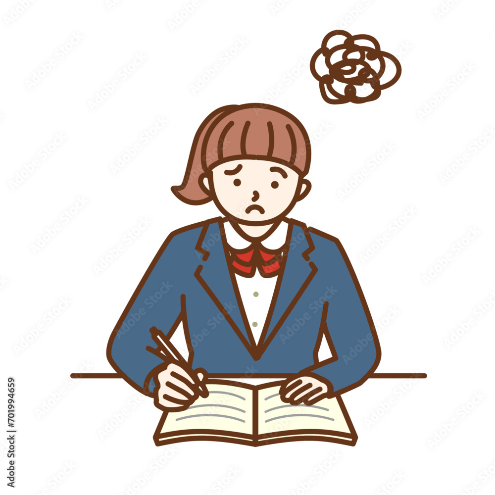 女子学生が悩んでいる勉強シーンイラスト モヤモヤ 女子学生が悩んでいる勉強シーンイラスト モヤモヤ