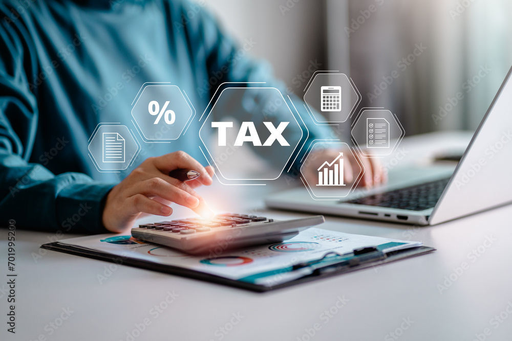 E-Filing, Taxpayer using a laptop to file taxes personal income, Tax Return form online for tax payment. Government, state taxes. Data analysis, paperwork, reports. Calculation tax return. - obrazy, fototapety, plakaty 