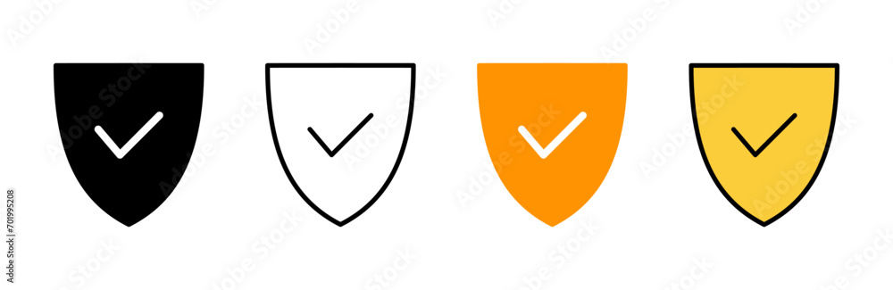 Shield check mark icon set vector. Protection approve sign. Insurance icon Shield check mark icon set vector. Protection approve sign. Insurance icon