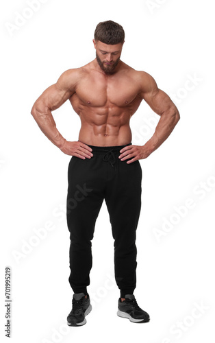 Young bodybuilder with muscular body on white background