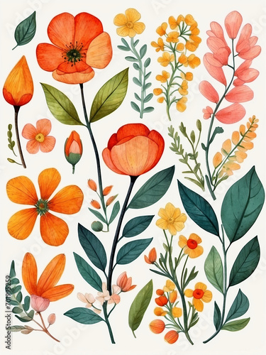 Beautiful romantic folk art watercolor flower collection with leaves, floral bouquets, flower compositions, valentines day