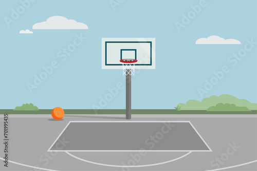 Outdoor basketball court vector illustration. Minimal flat style, empty background scene graphic. 