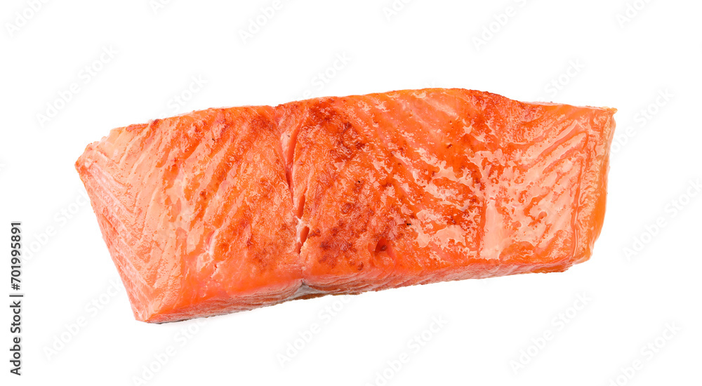 Piece of tasty grilled salmon isolated on white, top view Piece of tasty grilled salmon isolated on white, top view