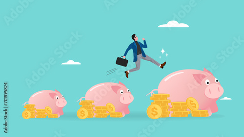 businessman jumping from piggy bank. investment growth concept design vector illustration with flat style