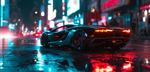 A supercar with dynamic light projection technology, displaying moving images over its body as it drives through a city at night