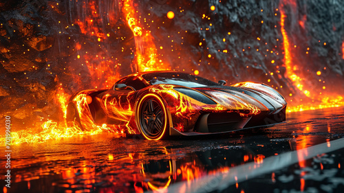 A supercar with flames custom paint job, parked in front of a wall of fire