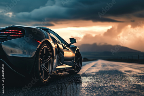 A supercar's sleek profile against a stormy sky backdrop