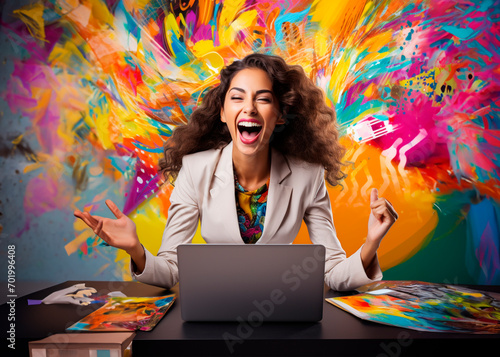 
Happy brunette woman celebrating her work in front of the computer.