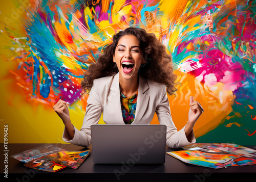 Happy brunette woman celebrating her work in front of the computer.